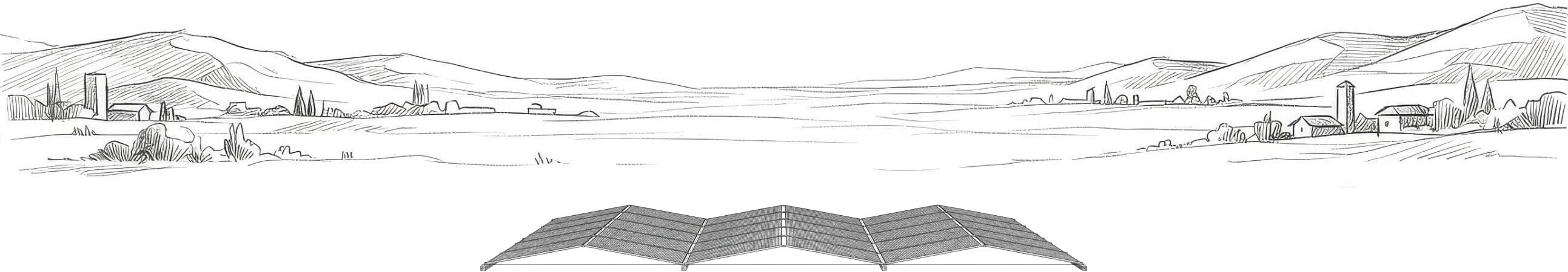 AstraQ solar array across a sketched landscape